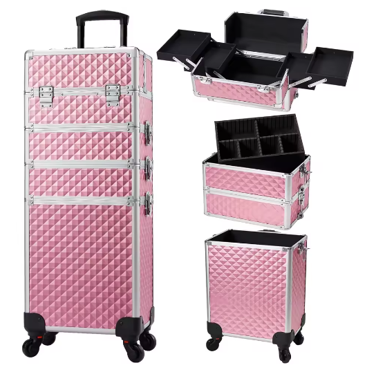 4-in-1 Rollende Make-up Trolley – Professionele Cosmetische Koffer met Grote Capaciteit en Afneembare Compartimenten