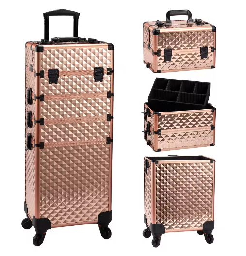 4-in-1 Rollende Make-up Trolley – Professionele Cosmetische Koffer met Grote Capaciteit en Afneembare Compartimenten