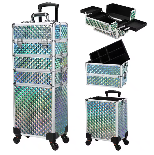4-in-1 Rollende Make-up Trolley – Professionele Cosmetische Koffer met Grote Capaciteit en Afneembare Compartimenten
