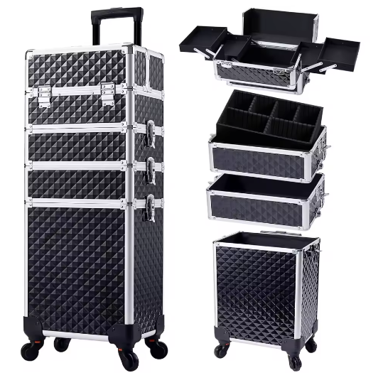 4-in-1 Rollende Make-up Trolley – Professionele Cosmetische Koffer met Grote Capaciteit en Afneembare Compartimenten