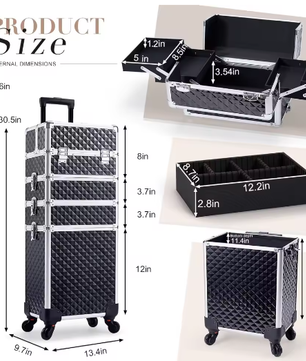 4-in-1 Rollende Make-up Trolley – Professionele Cosmetische Koffer met Grote Capaciteit en Afneembare Compartimenten