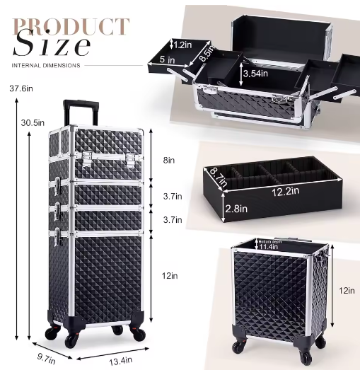 4-in-1 Rollende Make-up Trolley – Professionele Cosmetische Koffer met Grote Capaciteit en Afneembare Compartimenten