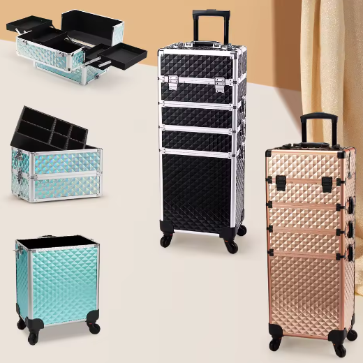 4-in-1 Rollende Make-up Trolley – Professionele Cosmetische Koffer met Grote Capaciteit en Afneembare Compartimenten