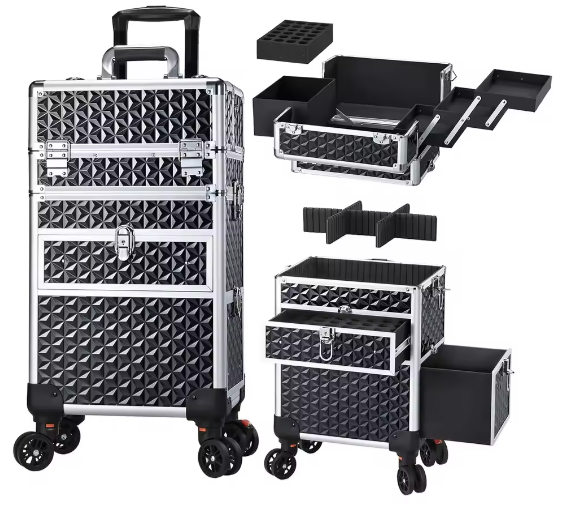Professionele Make-up Trolley met Wielen – Afsluitbare Cosmetische Koffer met Laden