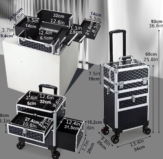 Professionele Make-up Trolley met Wielen – Afsluitbare Cosmetische Koffer met Laden