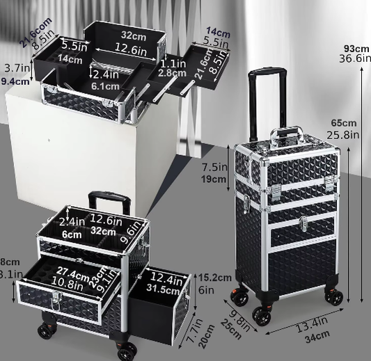 Professionele Make-up Trolley met Wielen – Afsluitbare Cosmetische Koffer met Laden