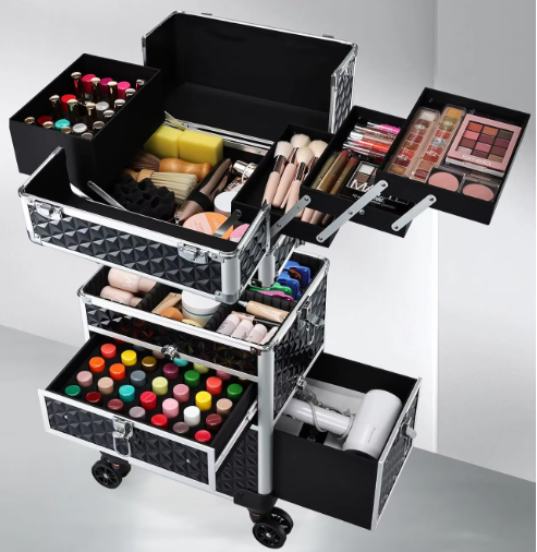 Professionele Make-up Trolley met Wielen – Afsluitbare Cosmetische Koffer met Laden