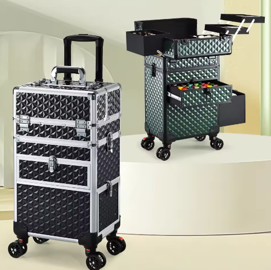Professionele Make-up Trolley met Wielen – Afsluitbare Cosmetische Koffer met Laden