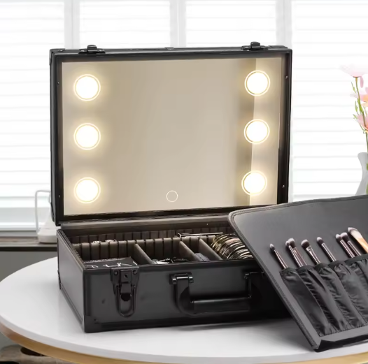 Make-up Reiskoffer met LED Spiegel – Waterdichte Organizer met Verstelbare Verdelers