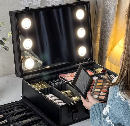 Make-up Reiskoffer met LED Spiegel – Waterdichte Organizer met Verstelbare Verdelers