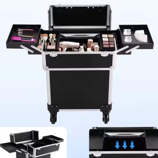 Professionele Rollende Make-up Reiskoffer – Cosmetische Trolley met Wielen en Sleutels, Grote Capaciteit