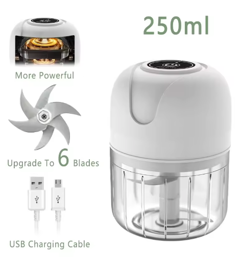 USB Draadloze Elektrische Knoflookstamper 250 ml – Compacte Groentehakker met 6 Messen