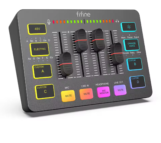 USB Gaming Audio Mixer met XLR en 48V Fantoomvoeding RGB