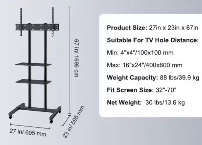 Mobiele TV Standaard met Wielen 32–70 inch – Hoogteverstelbaar met Dubbele Planken