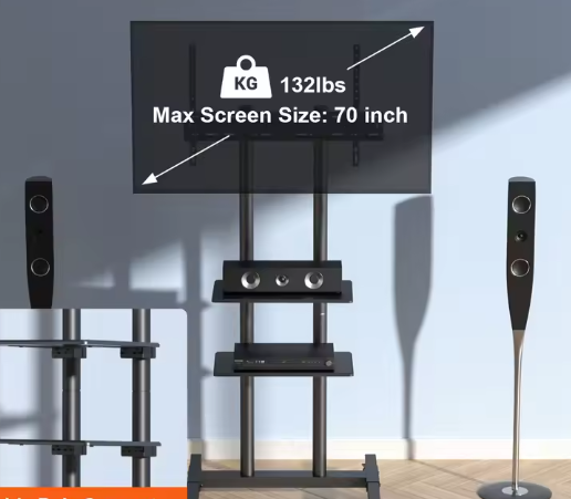 Mobiele TV Standaard met Wielen 32–70 inch – Hoogteverstelbaar met Dubbele Planken