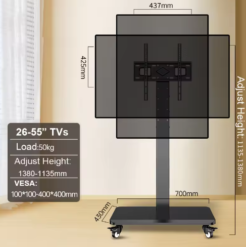 Vloer TV-standaard met Stopcontact – Universele en In Hoogte Verstelbare TV-standaard met Draaifunctie