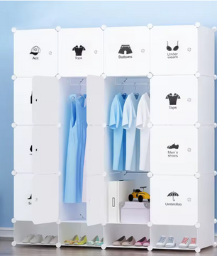 Modulaire Opbergkast met 16 Vakken – Kunststof Kleding- & Schoenenkast, 147×36×162 cm