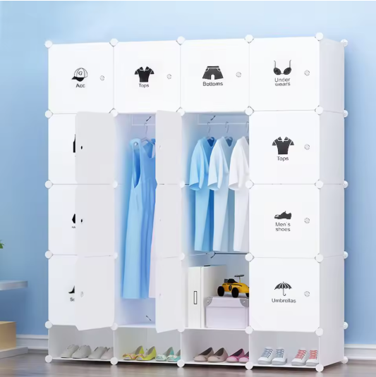 Modulaire Opbergkast met 16 Vakken – Kunststof Kleding- & Schoenenkast, 147×36×162 cm