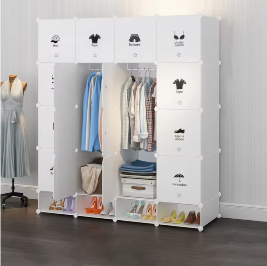 Modulaire Opbergkast met 16 Vakken – Kunststof Kleding- & Schoenenkast, 147×36×162 cm