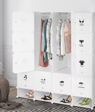 Modulaire Opbergkast met 16 Vakken – Kunststof Kleding- & Schoenenkast, 147×36×162 cm