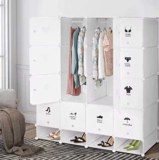 Modulaire Opbergkast met 16 Vakken – Kunststof Kleding- & Schoenenkast, 147×36×162 cm