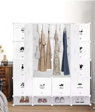 Modulaire Opbergkast met 16 Vakken – Kunststof Kleding- & Schoenenkast, 147×36×162 cm