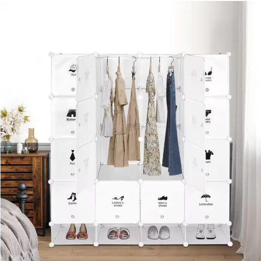 Modulaire Opbergkast met 16 Vakken – Kunststof Kleding- & Schoenenkast, 147×36×162 cm