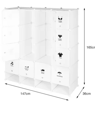 Modulaire Opbergkast met 16 Vakken – Kunststof Kleding- & Schoenenkast, 147×36×162 cm