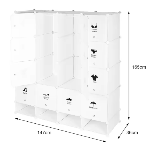 Modulaire Opbergkast met 16 Vakken – Kunststof Kleding- & Schoenenkast, 147×36×162 cm