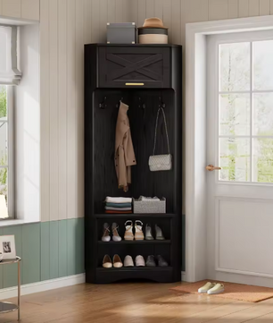 Moderne Garderobeset – Houten Halgarderobe met 4 Haken, 53×53×180 cm, Zwart