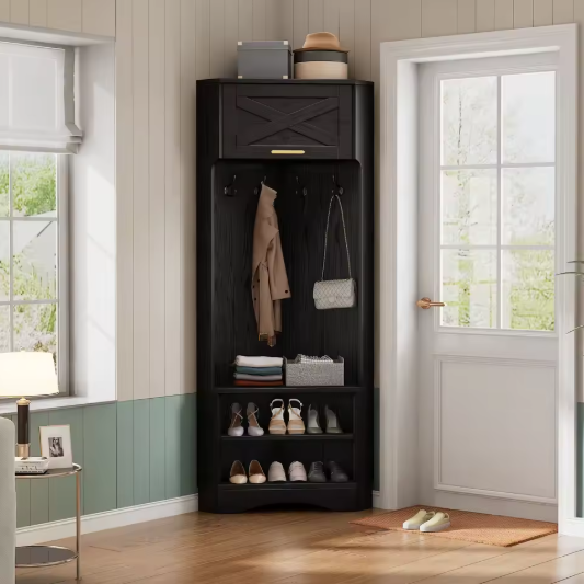 Moderne Garderobeset – Houten Halgarderobe met 4 Haken, 53×53×180 cm, Zwart