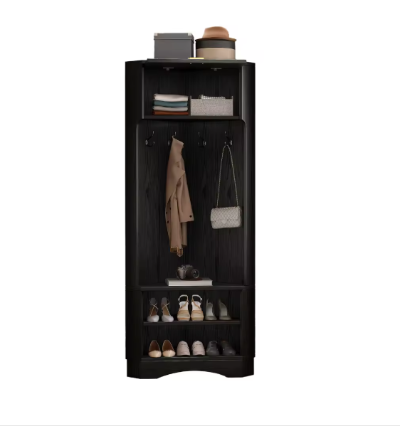 Moderne Garderobeset – Houten Halgarderobe met 4 Haken, 53×53×180 cm, Zwart