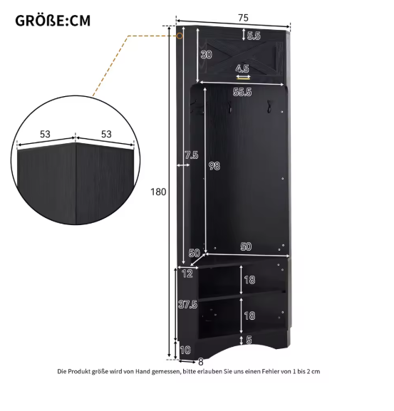 Moderne Garderobeset – Houten Halgarderobe met 4 Haken, 53×53×180 cm, Zwart