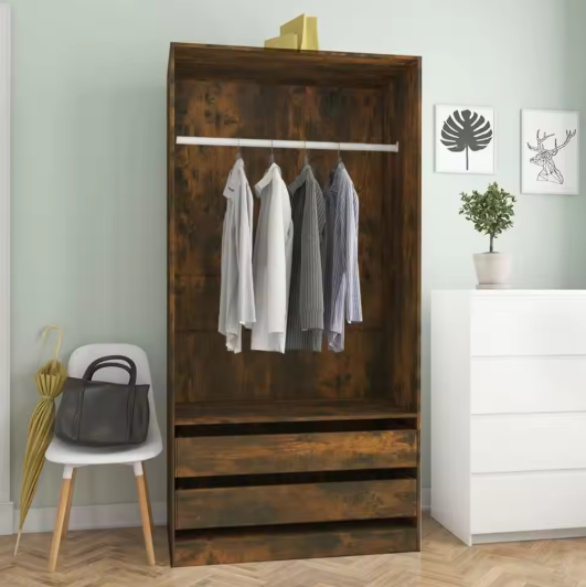 Eiken Kledingkast – Houten Opbergkast met Lades & Kledingrail, 100×50×200 cm