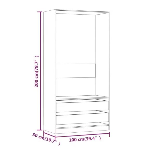 Eiken Kledingkast – Houten Opbergkast met Lades & Kledingrail, 100×50×200 cm