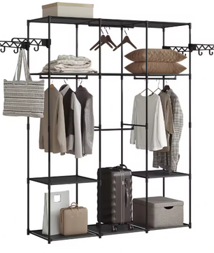 Zwarte Staande Kledingkast – Open Kledingrek met Planken, Stangen & Haken, 135×178×42,5 cm