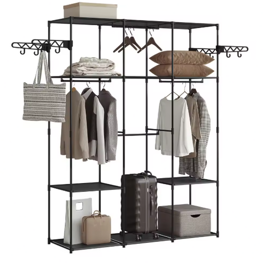 Zwarte Staande Kledingkast – Open Kledingrek met Planken, Stangen & Haken, 135×178×42,5 cm