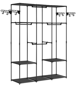 Zwarte Staande Kledingkast – Open Kledingrek met Planken, Stangen & Haken, 135×178×42,5 cm