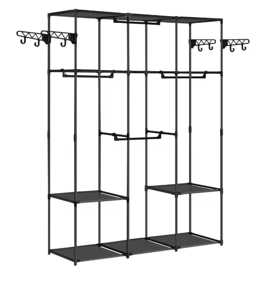 Zwarte Staande Kledingkast – Open Kledingrek met Planken, Stangen & Haken, 135×178×42,5 cm
