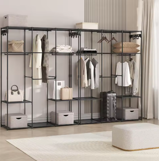 Zwarte Staande Kledingkast – Open Kledingrek met Planken, Stangen & Haken, 135×178×42,5 cm
