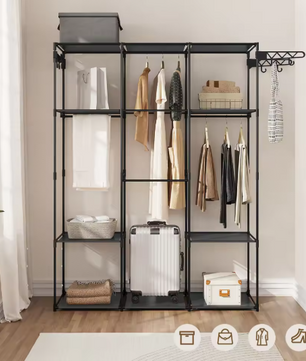 Zwarte Staande Kledingkast – Open Kledingrek met Planken, Stangen & Haken, 135×178×42,5 cm
