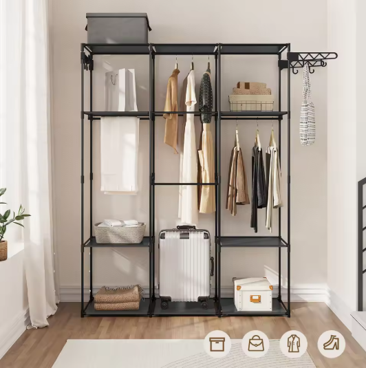 Zwarte Staande Kledingkast – Open Kledingrek met Planken, Stangen & Haken, 135×178×42,5 cm