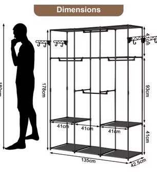 Zwarte Staande Kledingkast – Open Kledingrek met Planken, Stangen & Haken, 135×178×42,5 cm