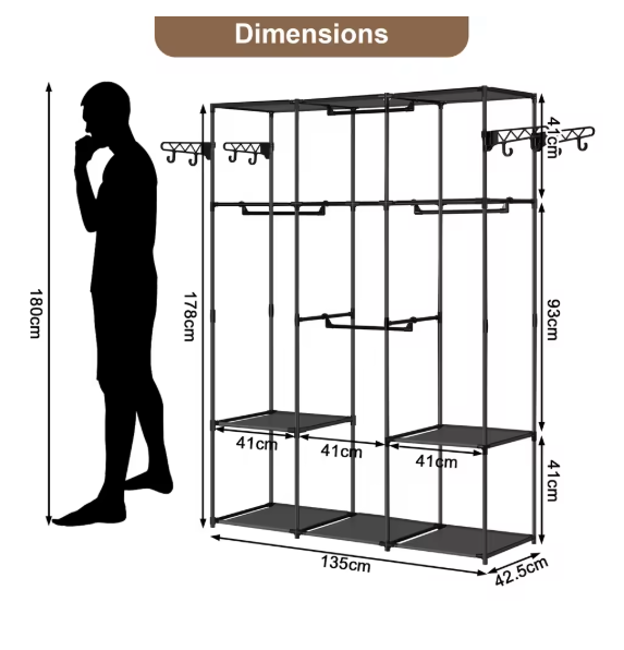 Zwarte Staande Kledingkast – Open Kledingrek met Planken, Stangen & Haken, 135×178×42,5 cm