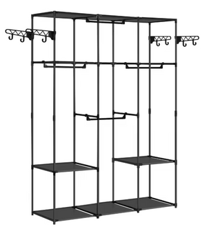Zwarte Staande Kledingkast – Open Kledingrek met Planken, Stangen & Haken, 135×178×42,5 cm