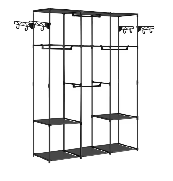 Zwarte Staande Kledingkast – Open Kledingrek met Planken, Stangen & Haken, 135×178×42,5 cm