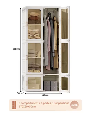 Draagbare Opvouwbare Kledingkast – 590L Opbergkast, Wit, 69×50×170 cm