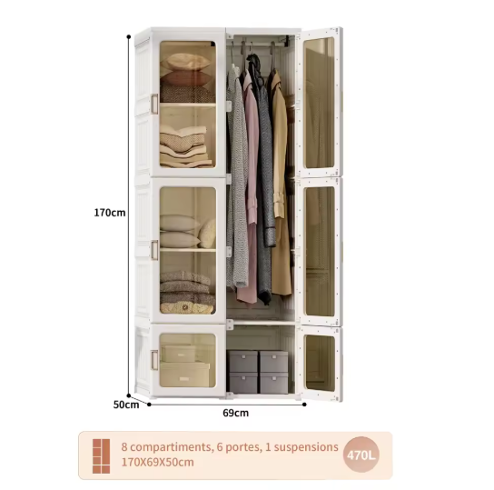 Draagbare Opvouwbare Kledingkast – 590L Opbergkast, Wit, 69×50×170 cm