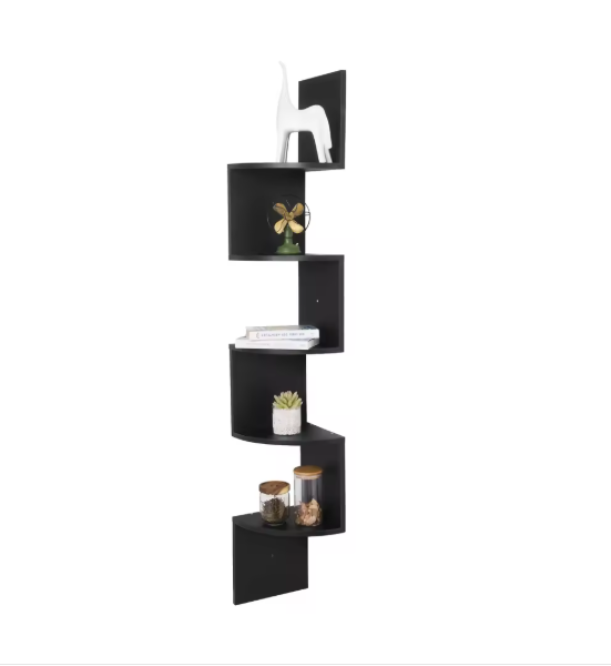 Zigzag Hoekwandplank – 5-Laags Zwevende Wandplank 25×25×156 cm, Wit & Zwart