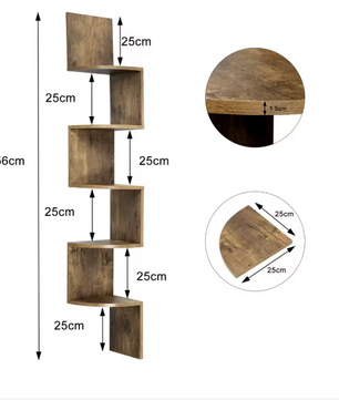Zigzag Hoekwandplank – 5-Laags Zwevende Wandplank 25×25×156 cm, Wit & Zwart